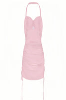 Pink Tie-Neck Pleated Silk Mini Dress with Cross Design