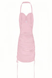 Pink Tie-Neck Pleated Silk Mini Dress with Cross Design