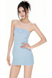 Blue Embroidery Fitted Strapless Dress with Cross Design