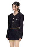 Black Wide-Shoulder Short Tweed Jacket with Cross Design