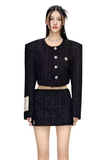 Black Wide-Shoulder Short Tweed Jacket with Cross Design