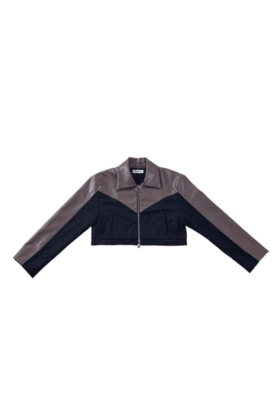 Brown Faux Leather Jacquard Crop Jacket - Dose