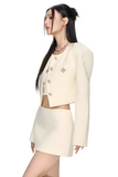 White Wide-Shoulder Short Tweed Jacket with Cross Design