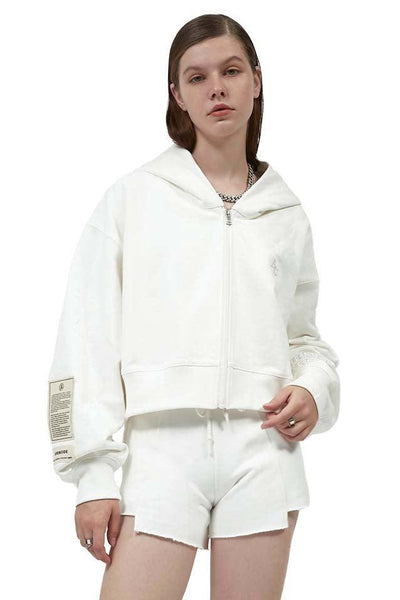 White Embroidery Zipper Short Hoodie - Dose